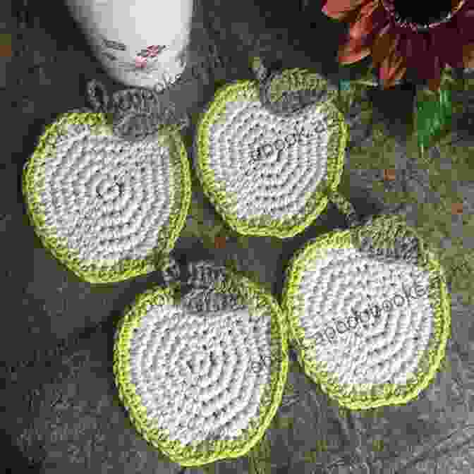 A Set Of Colorful And Functional Crochet Apple Coasters, Ideal For Protecting Surfaces And Adding Cheer To Your Home Crochet Pattern Apple Crochet Apple Applique Crochet Coaster Crochet Patterns